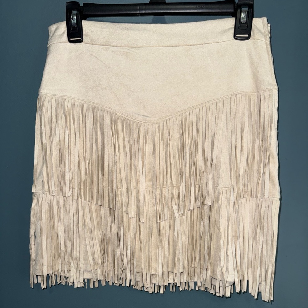 Francesca's Collections Cream Fringe Mini Skirt